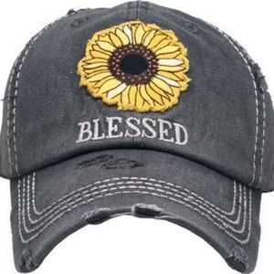 Blessed Sunflower Gray Distressed Ladies Baseball Hat NWT